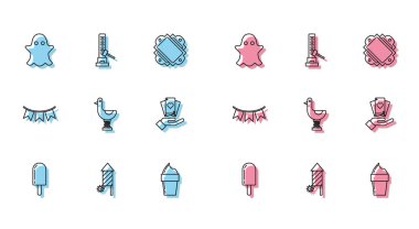 Dondurma, Firework roketi, Ghost, waffle külahında, binici çocuk ördeği, kart tutan el, bayraklı karnaval çelengi ve büyük çekiç ikonu. Vektör