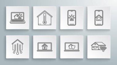 Akıllı ev, ev sıcaklığı, akıllı ev ve ampullü dizüstü bilgisayar koruma altında, kablosuz ağ, cep telefonu alarmı ve ikon. Vektör