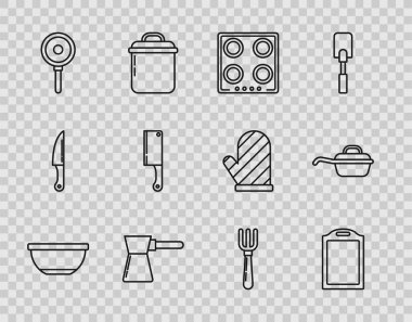 Bowl, kesme tahtası, gaz ocağı, Türk kahvesi, kızartma tavası, et helikopteri, çatal ve ikon. Vektör