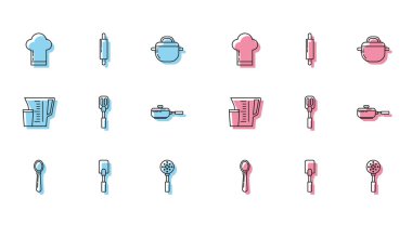 Çizgi kaşık, Spatula, Şef şapkası, kızartma tavası, ölçü kabı ve merdane simgesi. Vektör