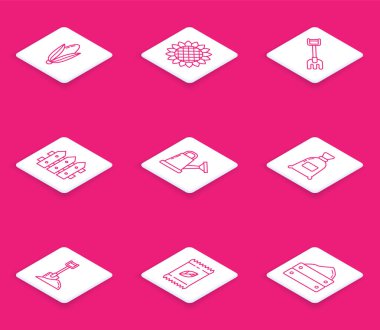 Mısır, ayçiçeği, bahçe tırmığı, çit ahşap, su kovası, un torbası, toprağı kürekle ve tohum dolu bir çiçek ikonu. Vektör