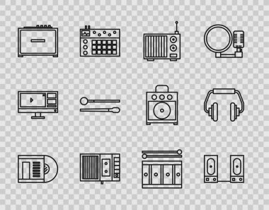 Vinil diski ayarla, Stereo hoparlörü, antenli radyo, müzik teybi, gitar amplifikatörü, bateri çubukları, davul ve kulaklık ikonu. Vektör