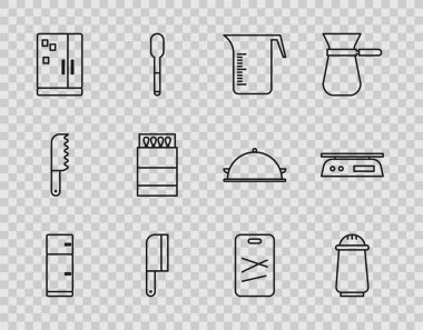 Buzdolabı, tuz ve biber, ölçü kabı, et helikopteri, kibrit kutusu kibriti, kesme tahtası ve elektronik ölçek ikonu. Vektör