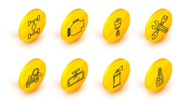 Hat anahtarını uzaktan kumandalı araç anahtarı, boya spreyi, ayna, arama, anahtarlık, motor pistonu, motoru ve Chassis araba simgesini kontrol et. Vektör