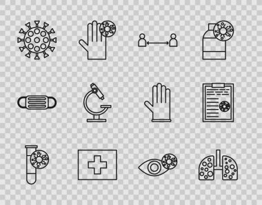 Hat test tüpünü virüs, akciğerde virüs hücreleri, güvenli mesafe, ilk yardım kiti, mikroskop, kırmızı göz ve pano kan testi ikonu ile ayarla. Vektör