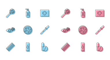 Safra kesesi haplarını, kan testi ve virüsü büyüteç altına virüsü, ilaç hapını ya da tableti, Pipette 'i, kırmızı gözü ve sıvı antibakteriyel sabun ikonunu yerleştirin. Vektör