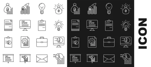 Impostare Linea Grafico Torta Infografica Computer Monitor Con Lampadina Raggi — Vettoriale Stock