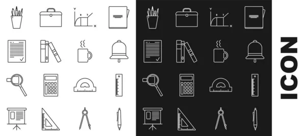 Set Line Pen Lineal Klingelglocke Tortendiagramm Infografik Office Ordner Mit — Stockvektor