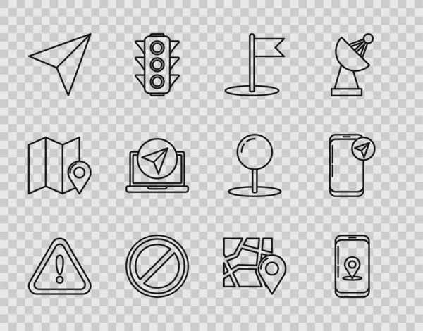 Linie Ausrufezeichen Dreieck Setzen Infografik Der Stadtplan Navigation Flagge Stoppschild — Stockvektor