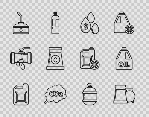 ラインを設定ガソリン 工業工場の建物のためのキャニスターは ドル記号 Co2排出量の雲 自動車機械油 プロパンタンクとアイコンとドロップします ベクトル — ストックベクタ