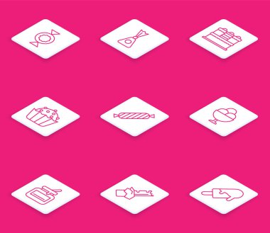 Sıra Candy, Pasta, Kek, Kasede Dondurma, Ballı Kavanoz ve Bitten çikolata ikonu. Vektör