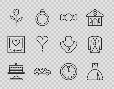 Tabakta çizgi pasta, kadın elbisesi, papyon, limuzin arabası, çiçek gülü, balon kalp formu, saat ve takım elbise ikonu. Vektör
