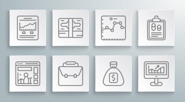 Web sitesini büyüme grafiği, deste kağıt para, çanta, para çantası, bilgisayar, tarayıcı, iş finans raporu ve simgesi ile ayarla. Vektör