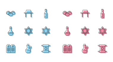 Tombstone 'u David' in yıldızı, Şişe zeytinyağı, Yahudi pastanesi, Tevrat tomarı, Star David, şarap şişesi ve Ortodoks Yahudi şapka ikonu ile belirleyin. Vektör