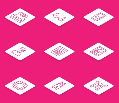 Yelek, gözlük, Tetris, inek öğrenci, hesap makinesi, kart oyunu işlemci ve pantolon askısı ikonu. Vektör