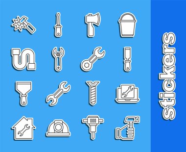 Hat Hammer, Laptop servisi, Rasp metal dosyası, tahta baltası, ayarlanabilir anahtar, endüstriyel boru ve İngiliz anahtarı simgesi. Vektör