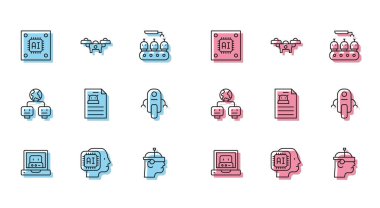 Robot, İnsansı, işlemci, mikro devreli işlemci, akıllı gözlük, teknik özellik, robot, yapay zeka ve dron simgesi oluşturuluyor. Vektör