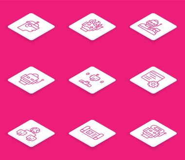 Set hattı Akıllı gözlükler, robot yanmış, insansı araba, parçalanmış robot, bilgisayar api arayüzü, yapay zeka ve şablon ikonu. Vektör