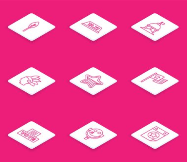 Hint tüyü, taksinin çatısı, Beyaz Saray, Amerikan Yerlisi, Amerika Bağımsızlık Günü, bayrak, oy sandığı ve turist dürbünü ikonu. Vektör