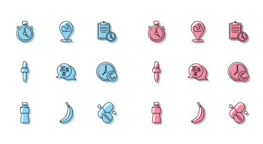 Bir şişe su, muz, Kronometre, Vitamin hapı, Uykucu, Zaman Uykusu, Yağlı Pipette ve Vücut Geliştiren Kas ikonu. Vektör