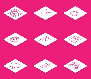 Online mücevher alışverişi, kalp şeklinde kolye, elmas nişan yüzüğü, cep saati, Calliper veya kalibre, diş elması, manken ve ikon. Vektör