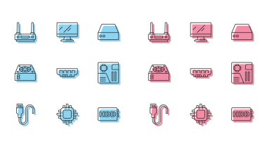 Hat USB kablo kablosu, işlemci CPU, Router ve wi-fi sinyali, sabit disk sürücüsü HDD, RAM, rastgele erişim belleği, anakart dijital çip, bilgisayar soğutucusu ve ekran simgesi ile işlemci ayarla. Vektör