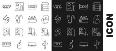 Satır USB, Bilgisayar Vakası, Bilgisayar faresi, Sabit disk sürücüsü HDD, kablo kablosu, RAM, rastgele erişim belleği ve daha havalı simge. Vektör