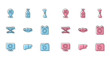 Hat konumu hastanesi, insan organı karaciğeri, hasta kaydı, tıbbi koruyucu maske, doktor randevusu, sedye ve antibakteriyel sabun ikonu. Vektör