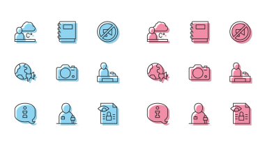 Set hattı bilgisi, gazetecilik haberleri, hava tahmini, gazetecilik soruşturması, fotoğraf makinesi, televizyon raporu, dünya ve not defteri ikonu. Vektör