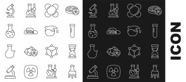 Hat test tüpü, Eski kum saati, molekül, karbondioksit salınımı, mikroskop ve ikon. Vektör