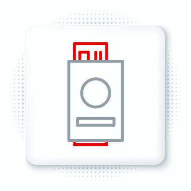 Bilet simgesi beyaz arka planda izole edilmiş çizgi pasaportu. Kimlik Belgesi. Konsept seyahat ve turizm. Renkli taslak konsepti. Vektör.