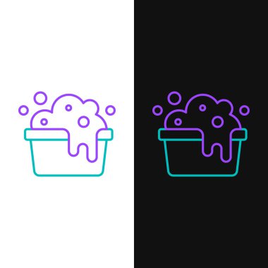 Beyaz ve siyah arkaplanda sabun köpüğü simgesi olan çizgi plastik leğen. Sulu kase. Çamaşır yıkama, temizlik malzemeleri. Renkli taslak konsepti. Vektör