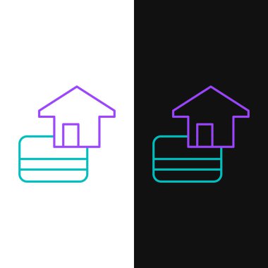 Çizgi kredi kartı simgesi beyaz ve siyah arkaplanda izole edildi. Çevrimiçi ödeme. Nakit çekilmesi. Finansal operasyonlar. Alışveriş tabelası. Renkli taslak konsepti. Vektör