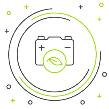 Beyaz zemin üzerinde izole edilmiş çizgi eko doğa yaprağı ve pil ikonu. Enerji, ekoloji tasarruf kavramına dayanır. Renkli taslak konsepti. Vektör