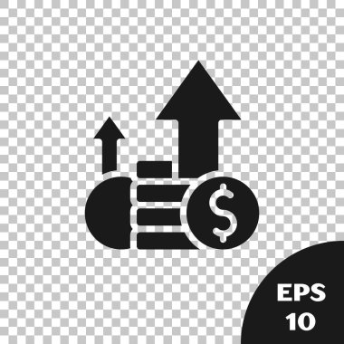 Siyah Finansal büyüme ve madeni para ikonu şeffaf arka planda izole edildi. Gelirleri arttırıyorum. Vektör.