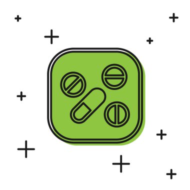 Siyah İlaç hapı ya da beyaz arka planda izole edilmiş tablet ikonu. Kapsül hapı ve uyuşturucu işareti. Eczane tasarımı. Vektör.