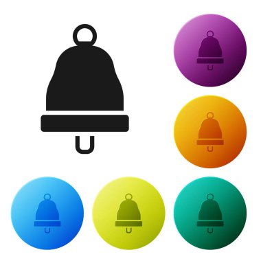 Beyaz arkaplanda siyah zil simgesi izole edildi. Alarm sembolü, servis zili, el zili işareti, uyarı sembolü. Simgeleri renk daire düğmelerine ayarla. Vektör.