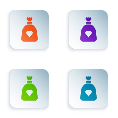 Beyaz arkaplanda izole edilmiş mücevher simgesine sahip renkli çanta. Kare düğmelere renkli simgeleri yerleştir. Vektör