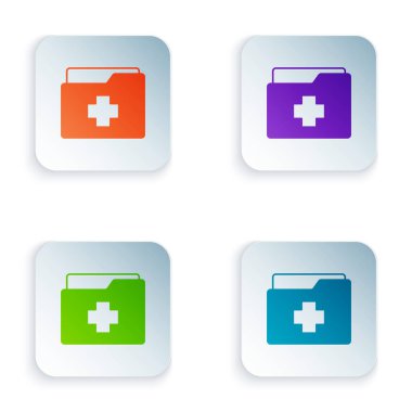 Beyaz arka planda izole edilmiş klinik kayıt simgesine sahip renkli tıbbi pano. Reçete, tıbbi kontrol işaretleri raporu. Kare düğmelere renkli simgeleri yerleştir. Vektör