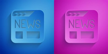 Kağıt kesiği haber simgesi mavi ve mor arkaplanda izole edildi. Gazete tabelası. Kitle iletişim sembolü. Kağıt sanatı tarzı. Vektör