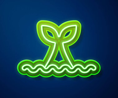 Okyanus dalgası ikonunda parlayan neon hattı Balina kuyruğu mavi arka planda izole edildi. Vektör.