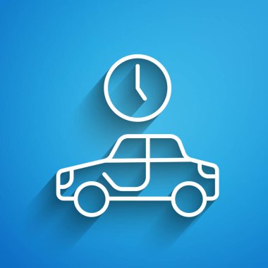 Beyaz çizgi Zaman seyahat simgesi mavi arkaplanda izole edildi. Uzun gölge. Vektör.