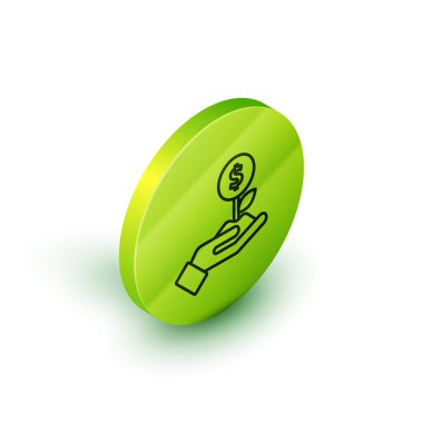 Beyaz arkaplanda izole edilmiş Isometric Line Dollar bitki simgesi. İş yatırımı büyüme konsepti. Para tasarrufu ve yatırım. Yeşil daire düğmesi. Vektör.