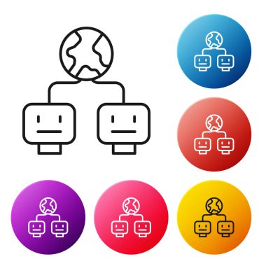 Siyah çizgi Yapay Zeka simgesi beyaz arkaplanda izole edildi. Makine öğrenme, bulut hesaplama, otomatik destek ve ağlar. Renkli daire düğmelerini ayarlayın. Vektör.