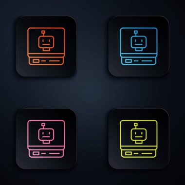 Renkli neon çizgisi robot simgesi siyah arkaplanda izole edildi. Yapay zeka, makine öğrenme, bulut hesaplama. Kare düğmelere simgeleri yerleştir. Vektör.