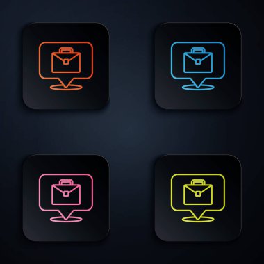 Renkli neon hattı çalışan simge siyah arkaplanda izole edildi. Evinde dizüstü bilgisayarla çalışan serbest çalışan bir adam. Uzaktan kumanda. Mesafeli iş kavramı. Kare düğmelere simgeleri yerleştir. Vektör.