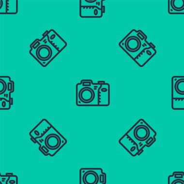 Mavi çizgi fotoğraf makinesi simgesi yeşil arkaplandaki kusursuz deseni izole etti. Fotoğraf makinesi simgesi. Vektör.