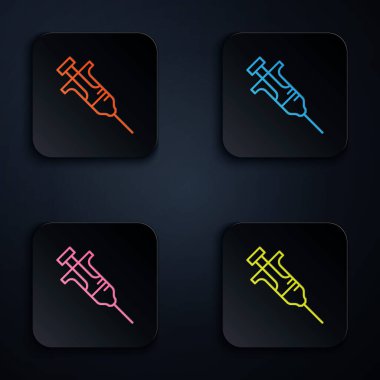 Renkli neon çizgisi şırınga simgesi siyah arkaplanda izole edildi. Aşı için şırınga, aşı, iğne, grip aşısı. Tıbbi ekipman. Kare düğmelere simgeleri yerleştir. Vektör.