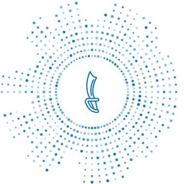 Mavi çizgi korsan kılıç simgesi beyaz arkaplanda izole edildi. Kılıç işareti. Soyut çember rastgele noktalar. Vektör