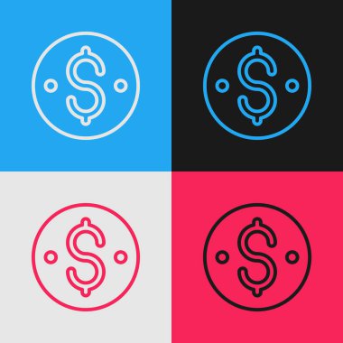 Pop sanat çizgisi dolar sembolü renk arkaplanında izole edilmiş. Nakit ve para, servet, ödeme sembolü. Kumarhane kumarı. Vektör